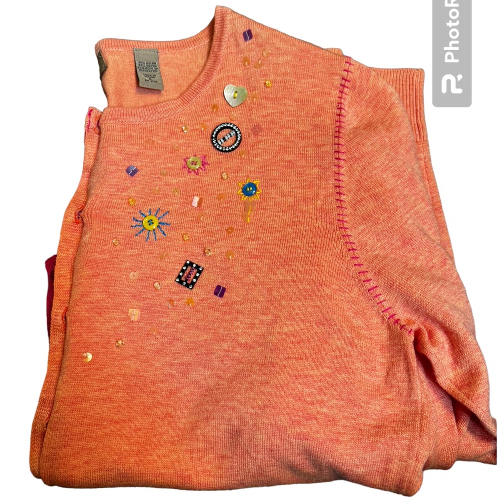 I.E. RELAXED Beaded cardigan women's LG button up long sleeve orange sweater EUC - Picture 5 of 10